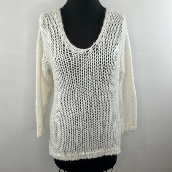 SCANDAL White Scoop Neck Open Knit Pullover Mohair Wool Blend Sweater S ITALY - Picture 2 of 6